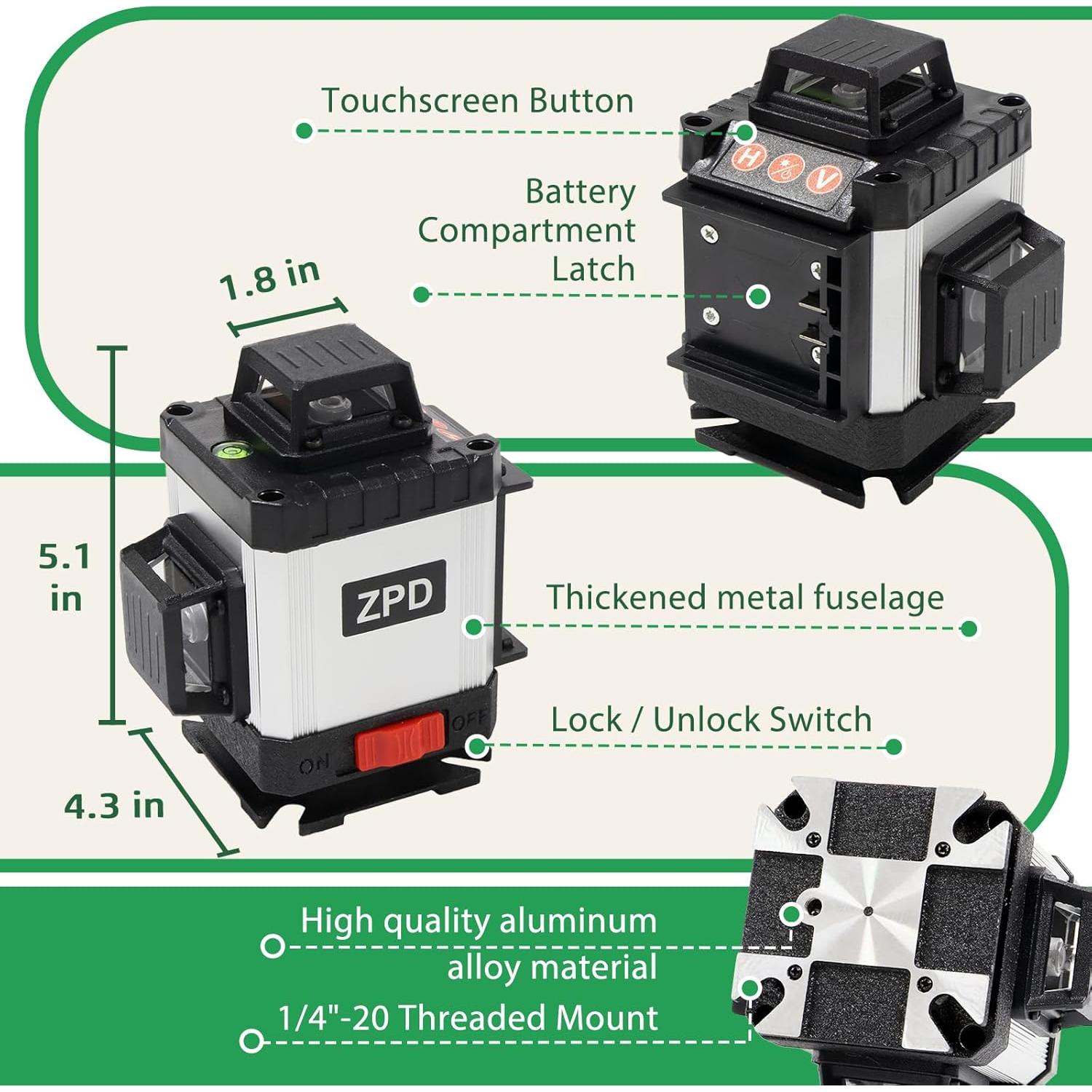 Nivel Láser ZPD 4D Autonivelante Verde con Trípode 16 Líneas