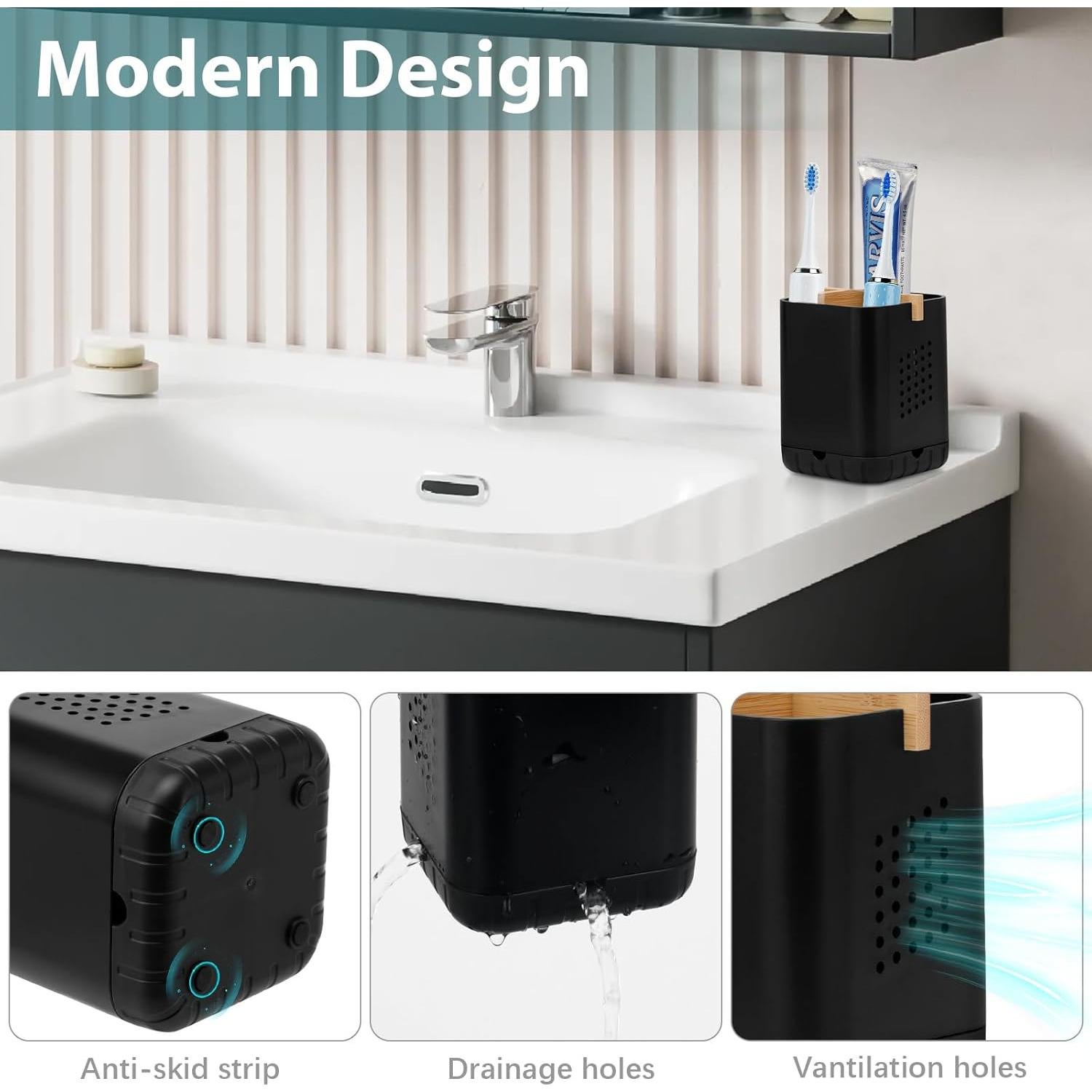 Soporte de Cepillos de Dientes Boperzi Negro con Bambú 3 Compartimentos