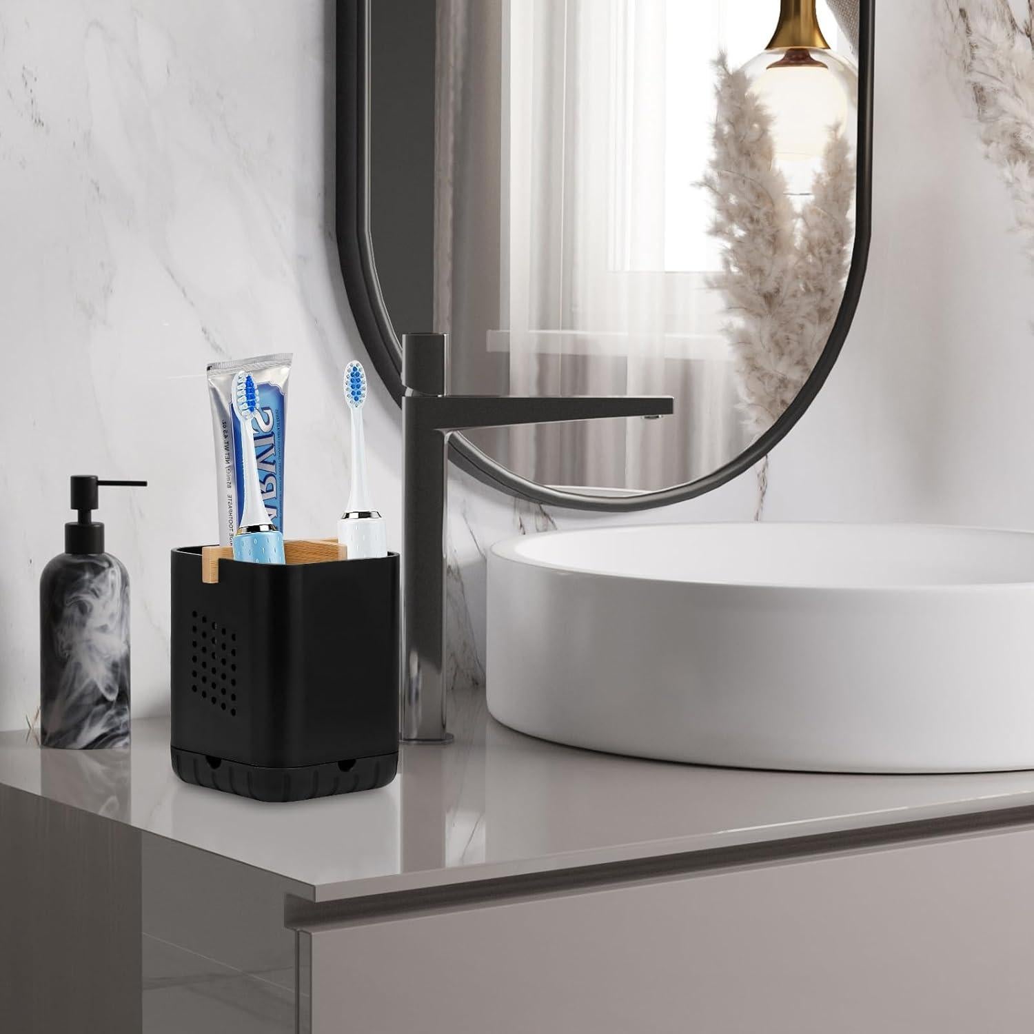 Soporte de Cepillos de Dientes Boperzi Negro con Bambú 3 Compartimentos