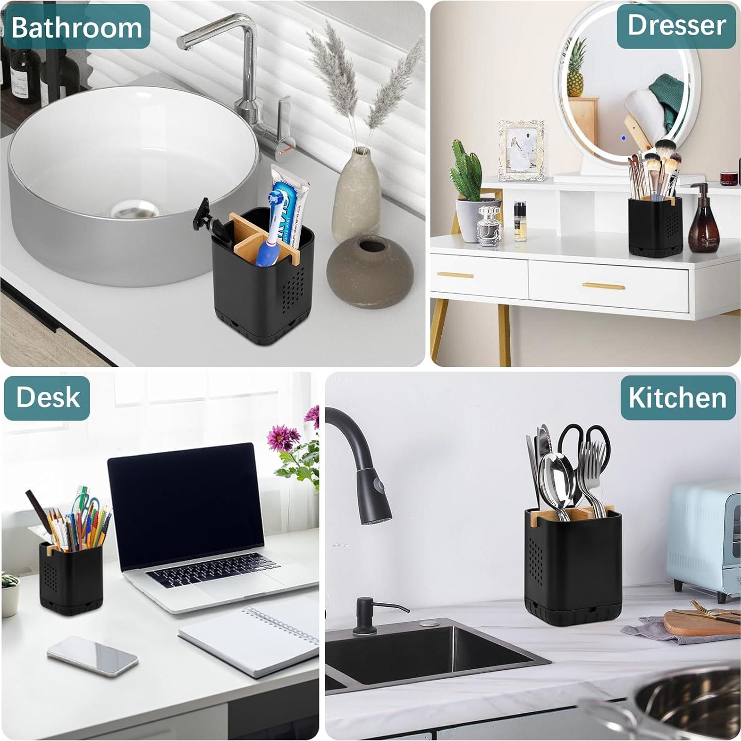 Soporte de Cepillos de Dientes Boperzi Negro con Bambú 3 Compartimentos