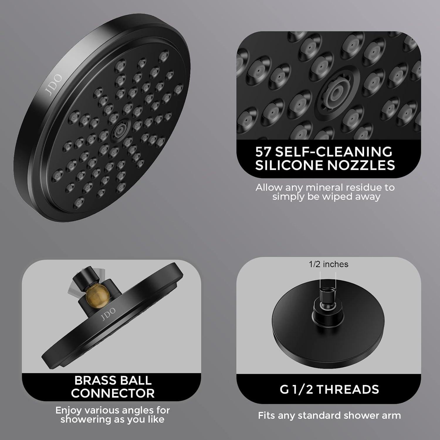 Cabezal de Ducha JDO Alta Presión 17.78 cm Negro Mate