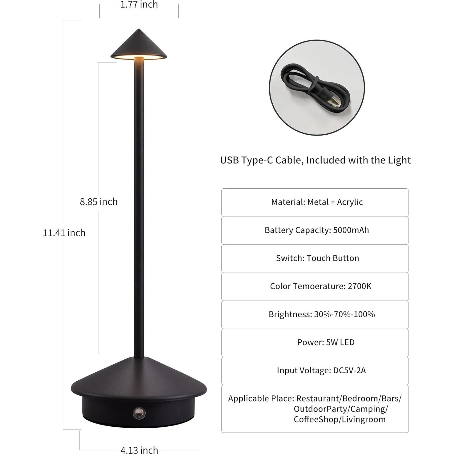 Juego de 2 Lámparas de Mesa Inalámbricas LED 5000mAh Negro