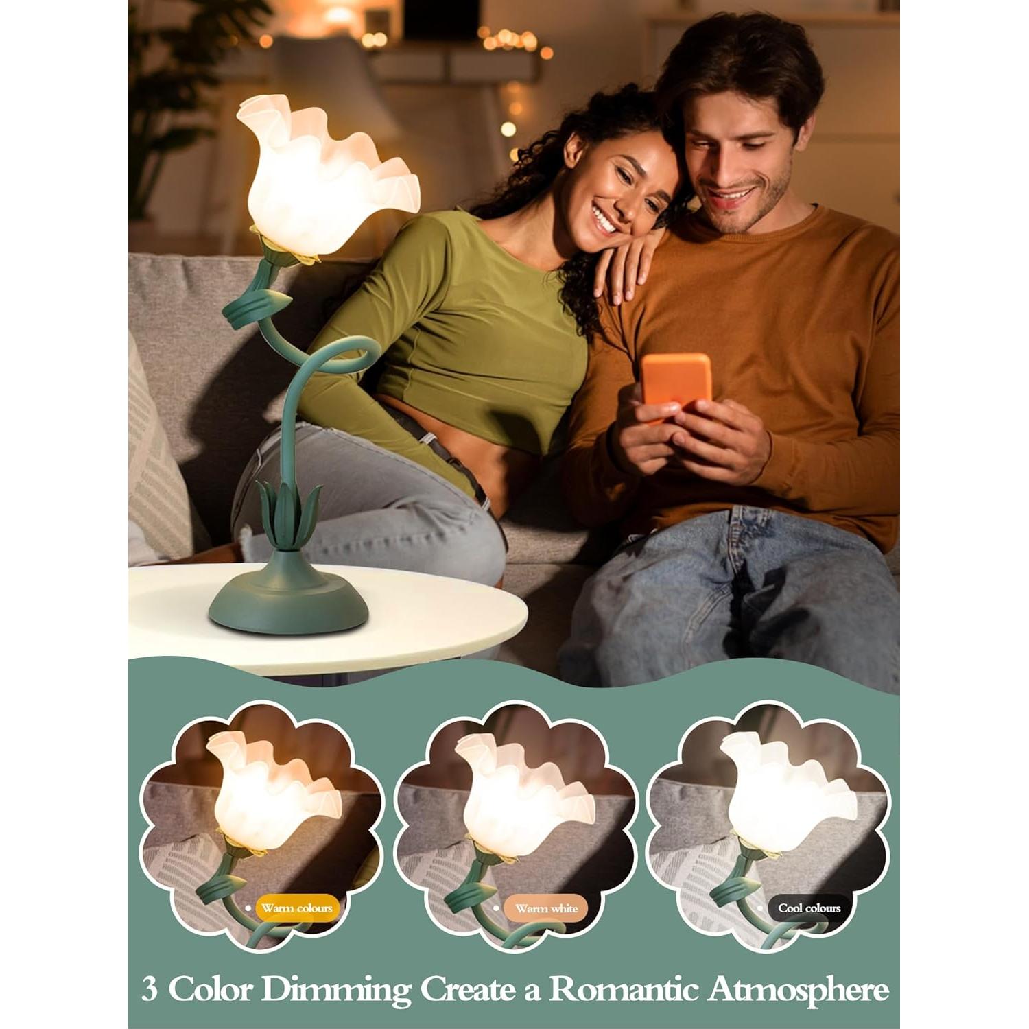 Lámpara de Mesa LED Vintage Verde con Flores 3 Modos de Color