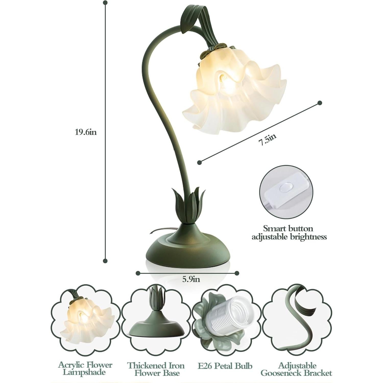 Lámpara de Mesa LED Vintage Verde con Flores 3 Modos de Color