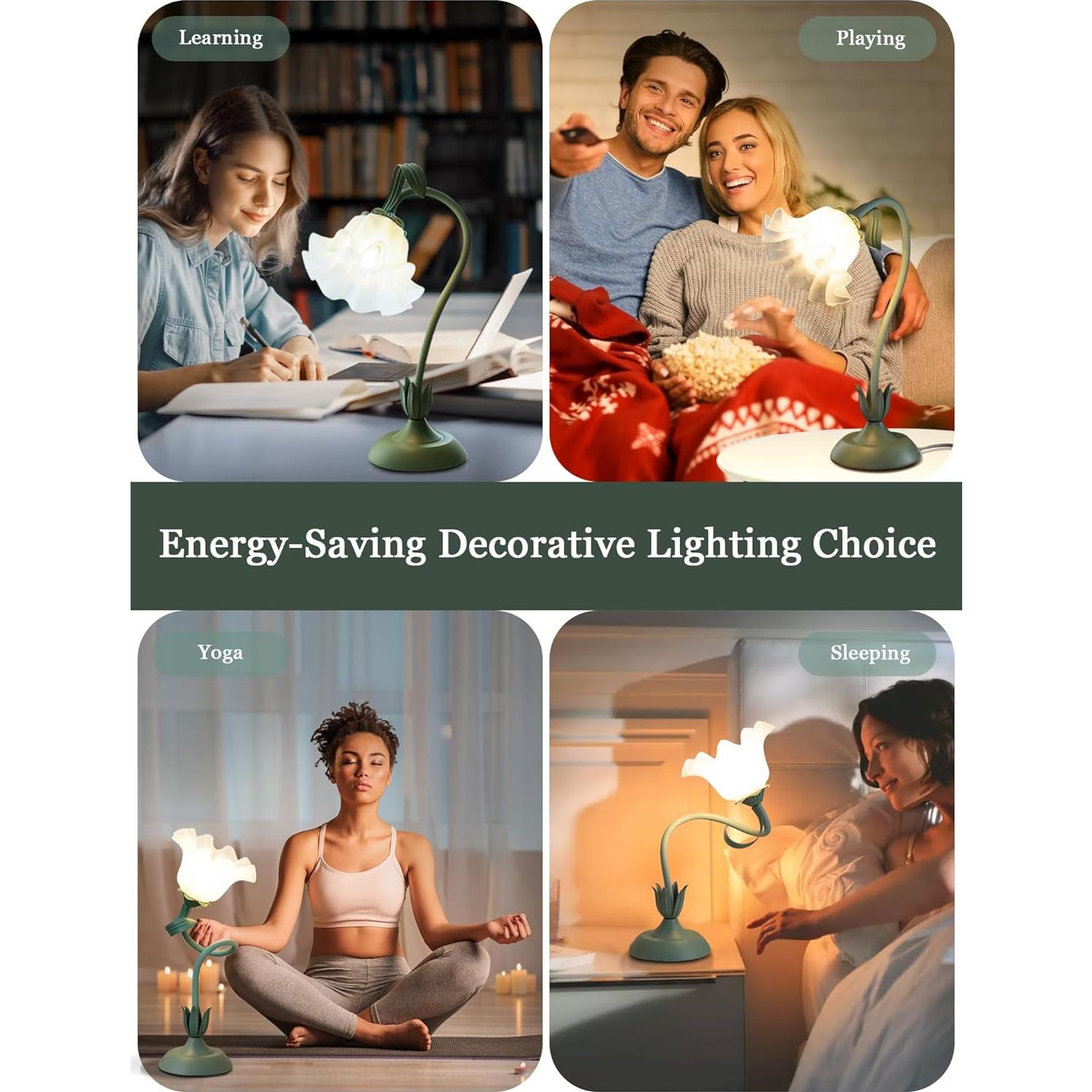 Lámpara de Mesa LED Vintage Verde con Flores 3 Modos de Color