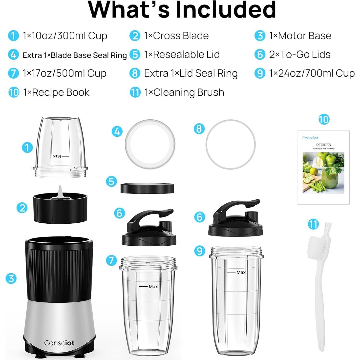 Batidora Personal Consciot CB08 11 Piezas 900W para Smoothies