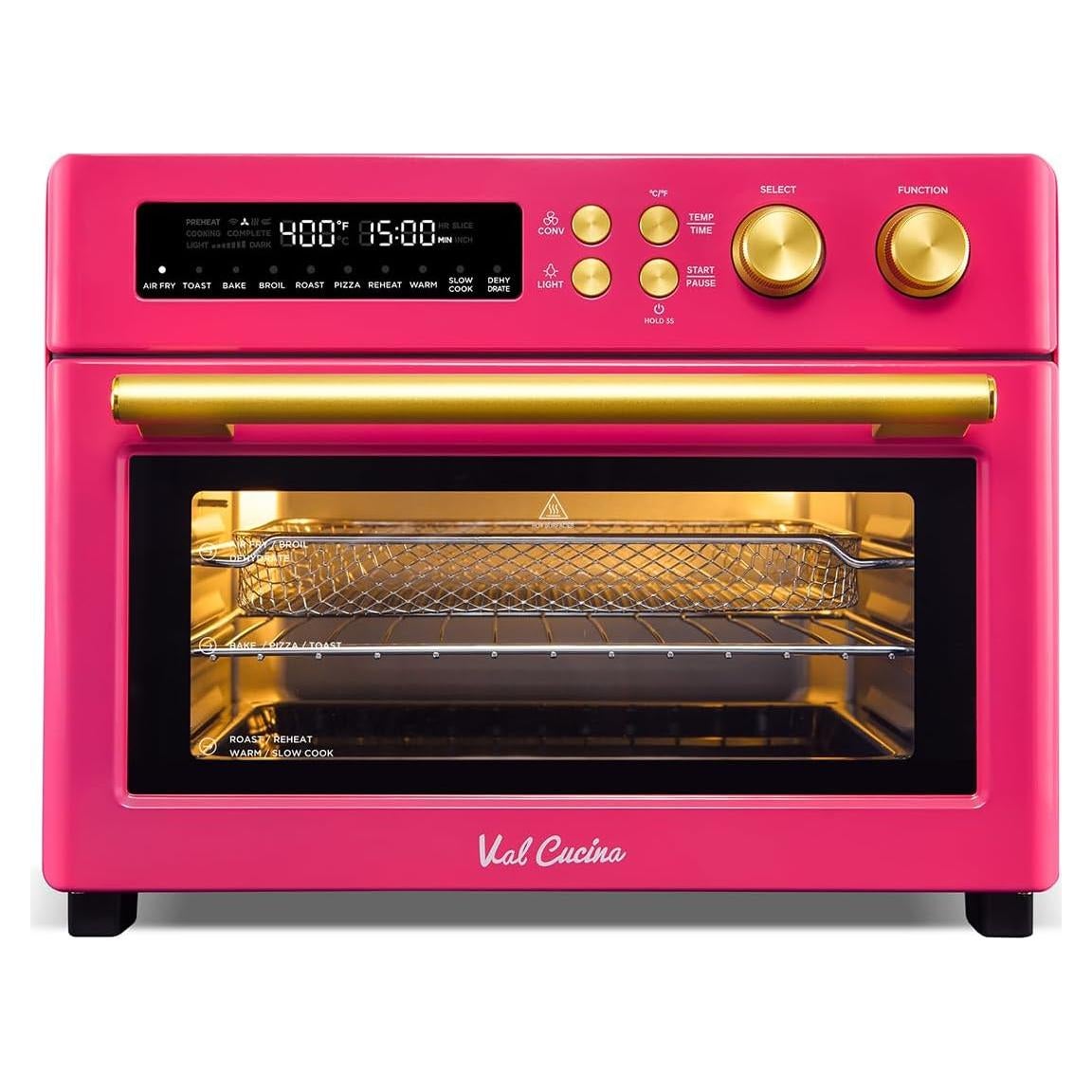 VAL CUCINA Limited Edition Happy Pink Infrared Heating Air Fryer Toaster Oven, Extra Large Countertop Convection Oven 10-in-1 Combo, 6-Slice Toast, Enamel Baking Pan Easy Clean with Recipe Book