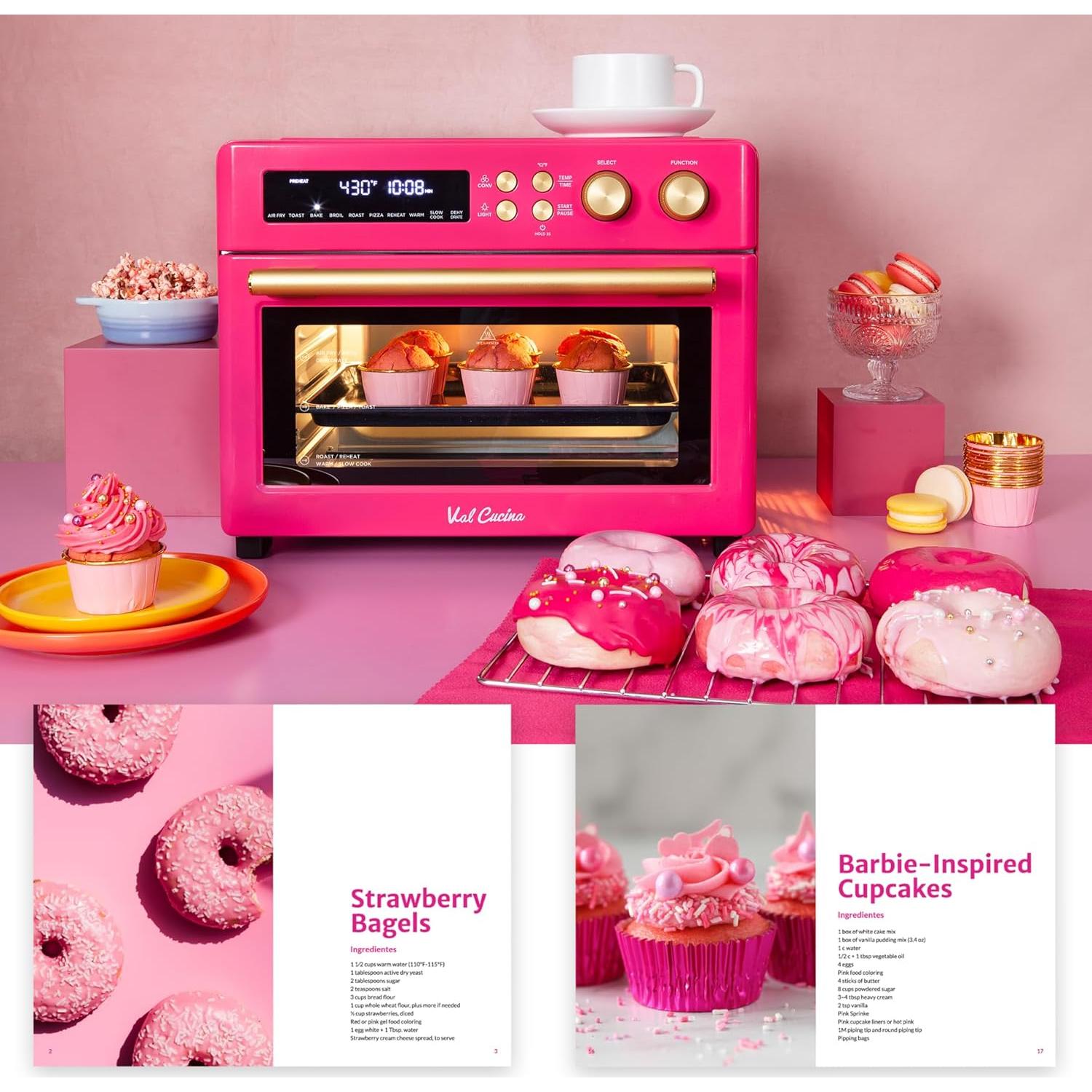 VAL CUCINA Limited Edition Happy Pink Infrared Heating Air Fryer Toaster Oven, Extra Large Countertop Convection Oven 10-in-1 Combo, 6-Slice Toast, Enamel Baking Pan Easy Clean with Recipe Book