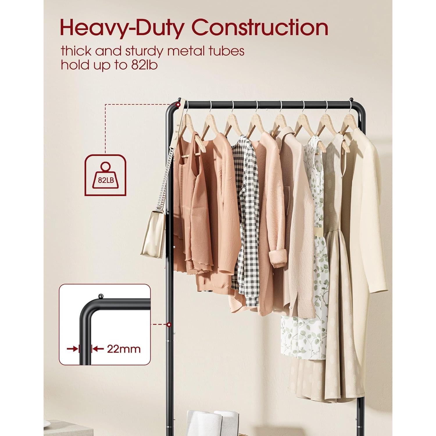 Perchero de Ropa Sakugi con Estante y Ruedas, Negro 71.1x35.6x149.9 cm