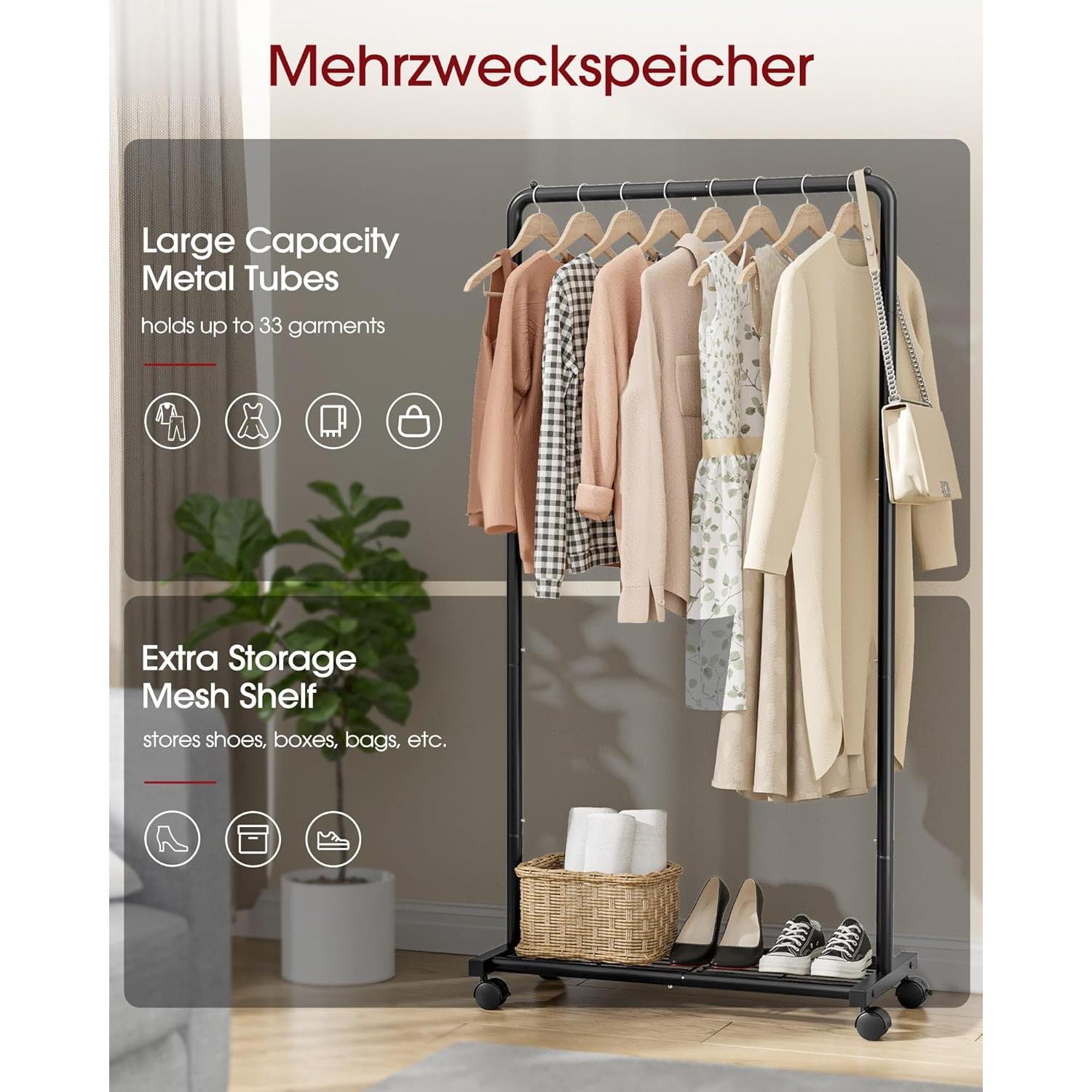 Perchero de Ropa Sakugi con Estante y Ruedas, Negro 71.1x35.6x149.9 cm