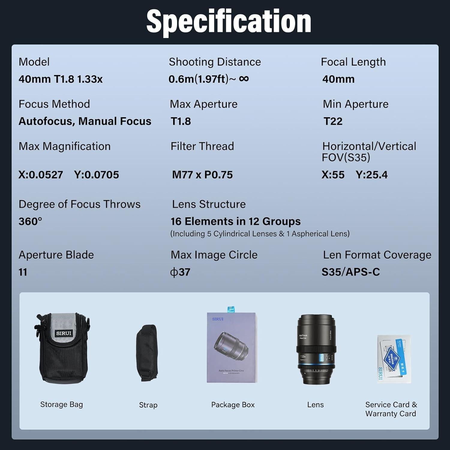 Lente Anamórfico SIRUI 40mm T1.8 Autofocus M4/3 Destello Azul