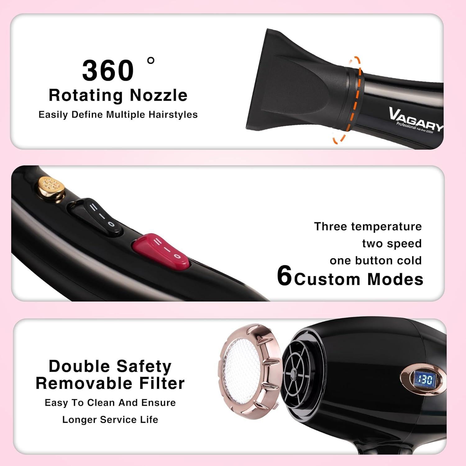 Secador de Pelo Profesional VAGARY 2200W Iónico con Difusor