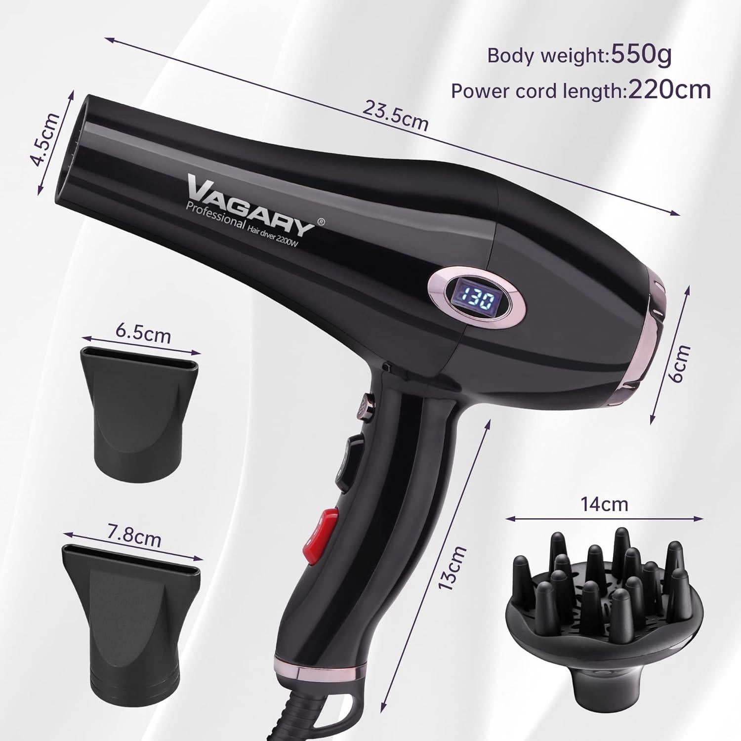 Secador de Pelo Profesional VAGARY 2200W Iónico con Difusor