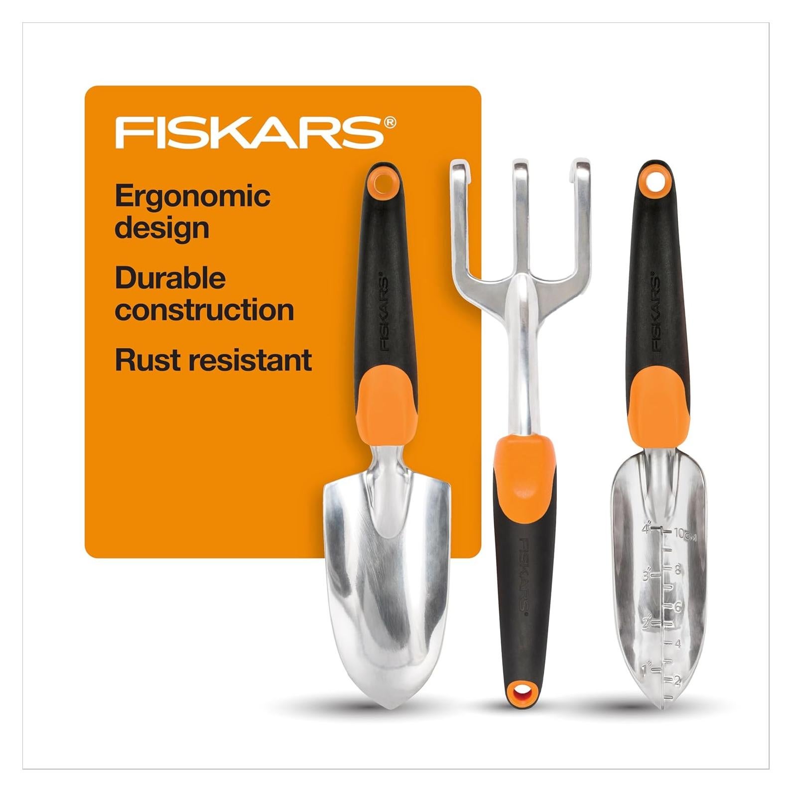 Juego de Herramientas de Jardín 3-en-1 Fiskars - Paleta, Transplantador y Cultivador Ergonómico