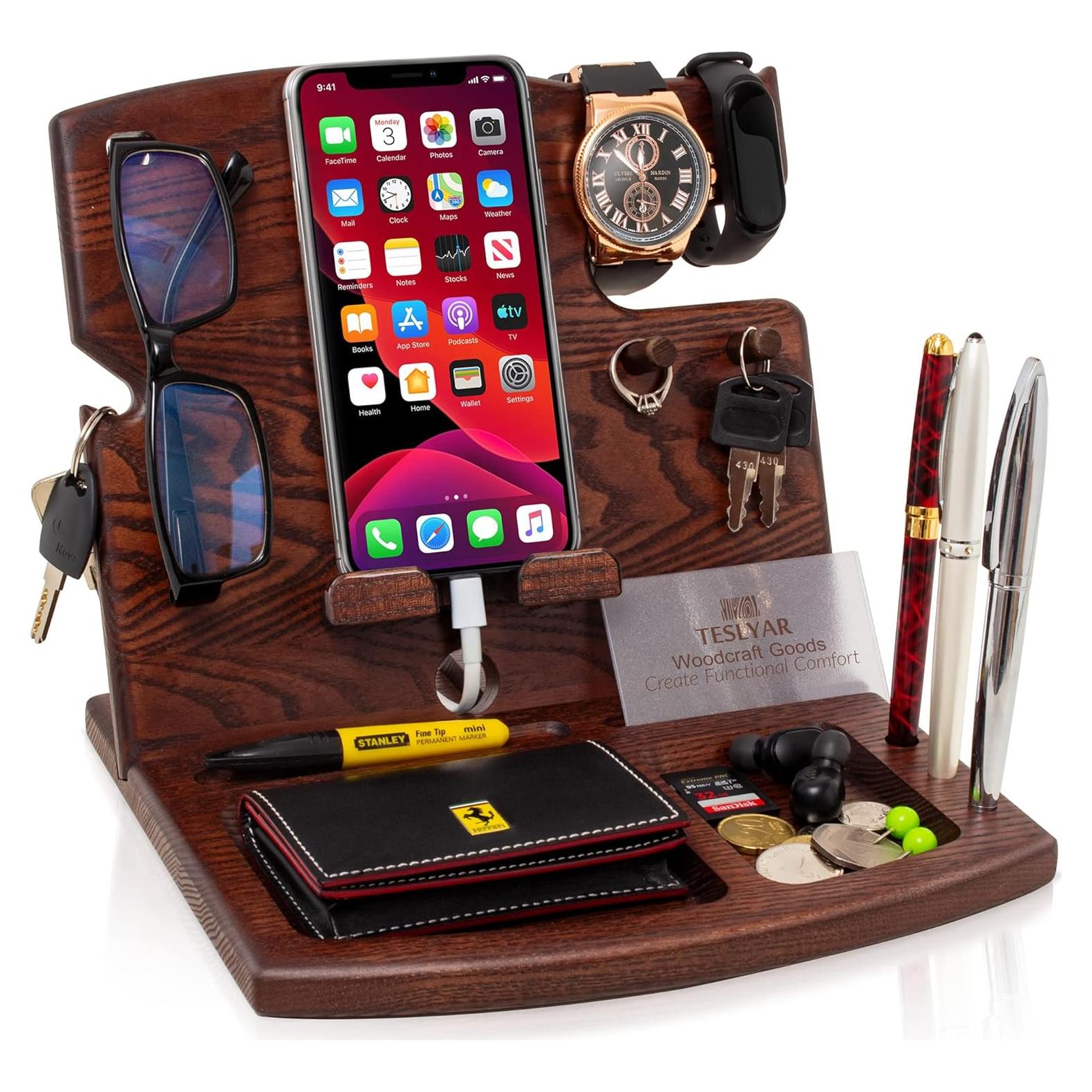 Estación de Carga y Organizador de Madera Teslyar 23x20 cm