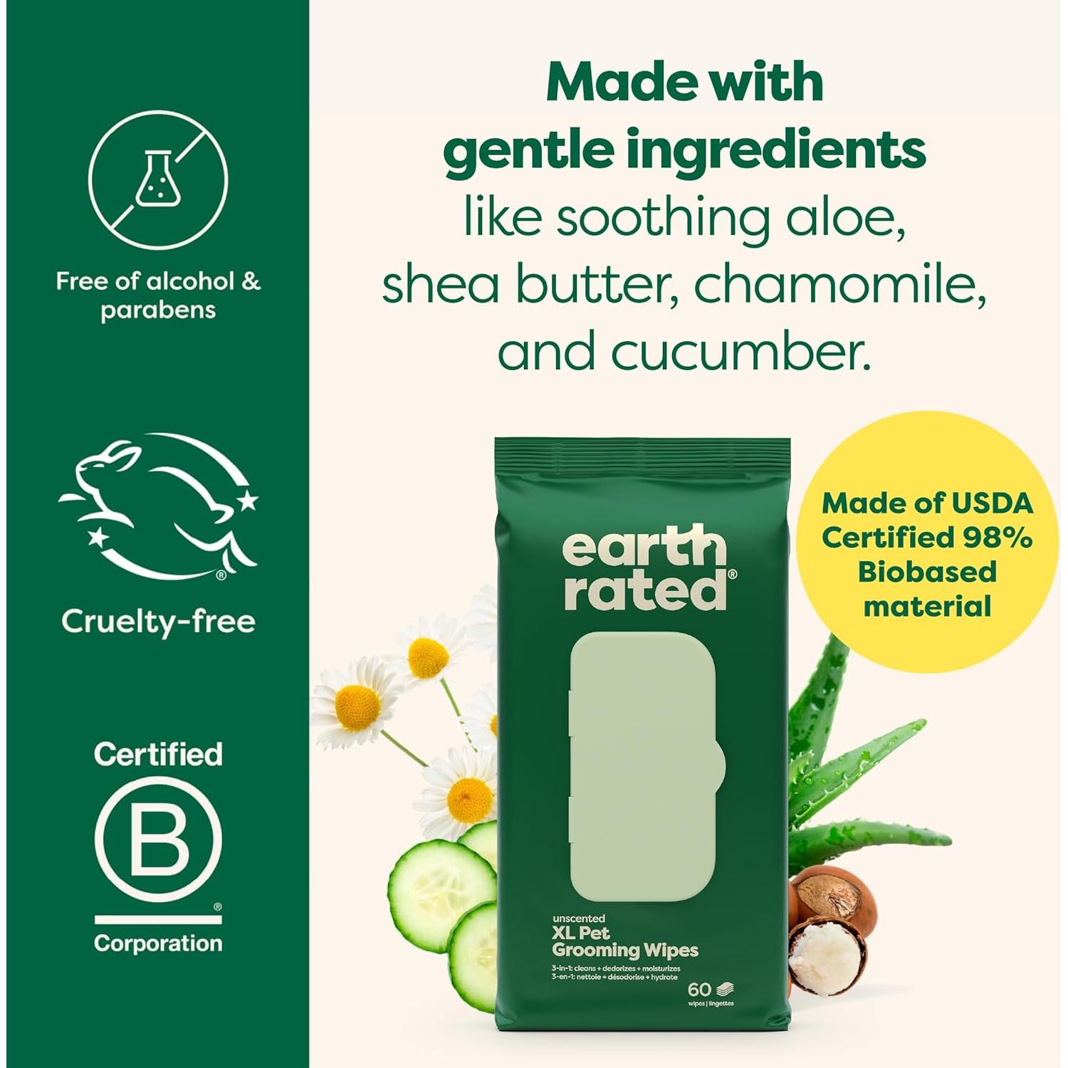 Toallitas XL para Mascotas Earth Rated - 60 Unidades Hipoalergénicas