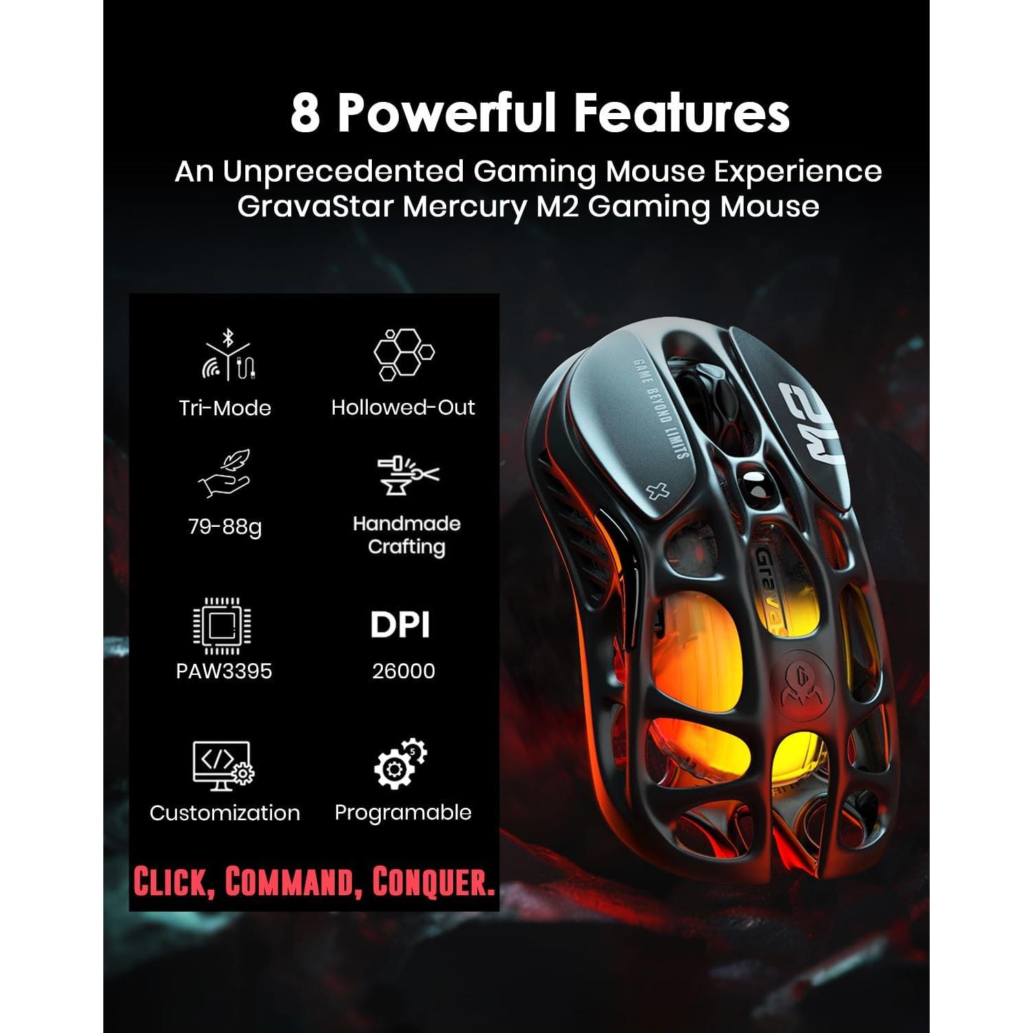 GravaStar Mercury M2 Ratón Inalámbrico 26000 DPI RGB Negro