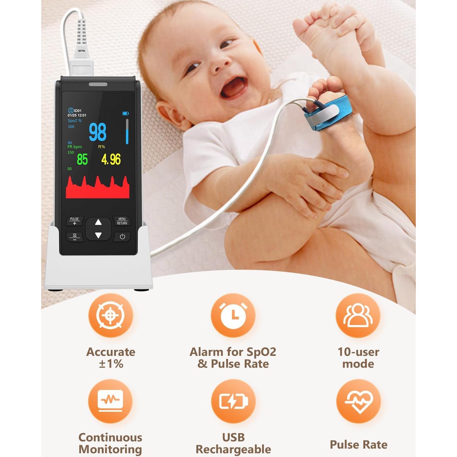 Oxímetro de Pulso HealthTree Recargable para Bebés y Adultos