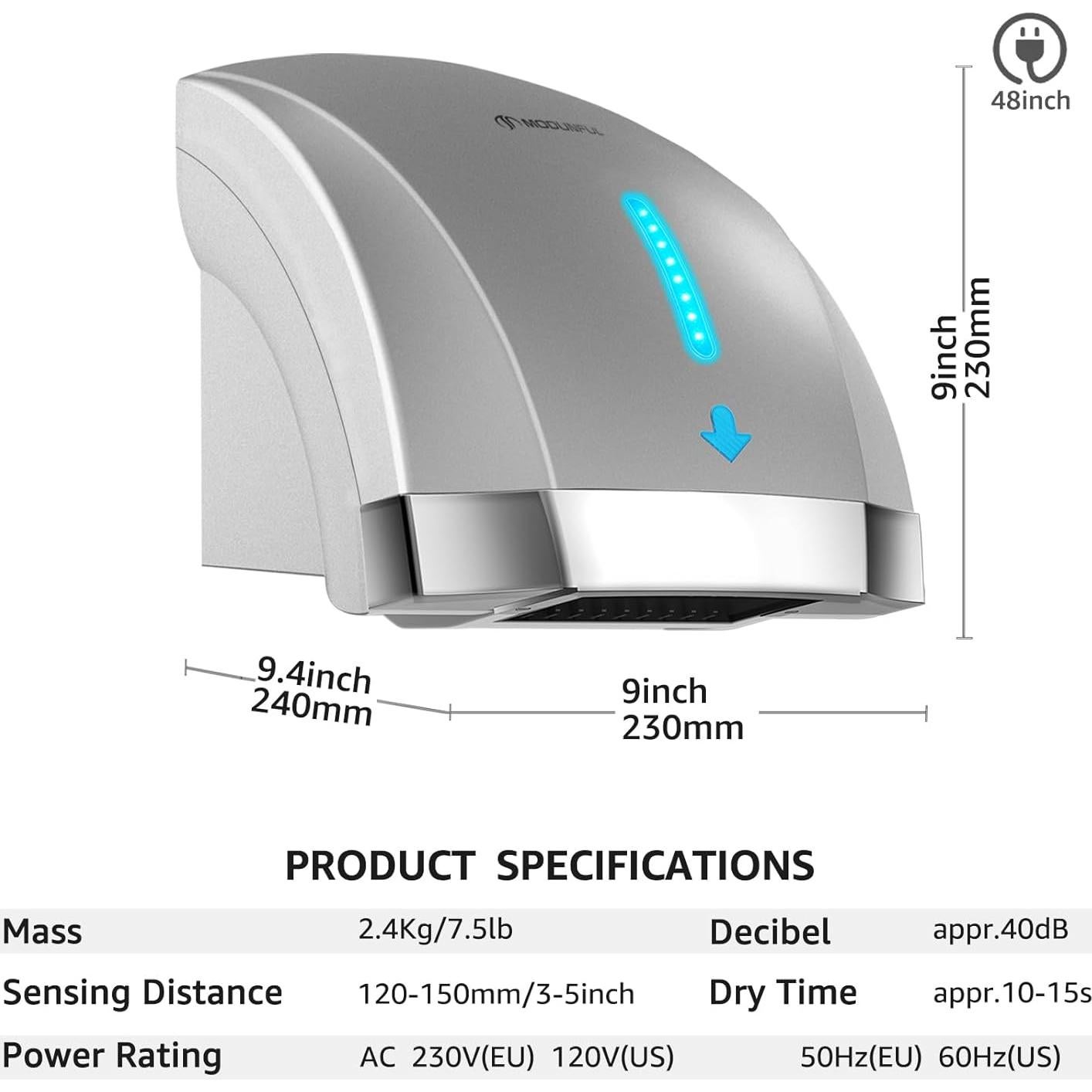 Secador de Manos Eléctrico Modunful Plata 1600W Sin Contacto