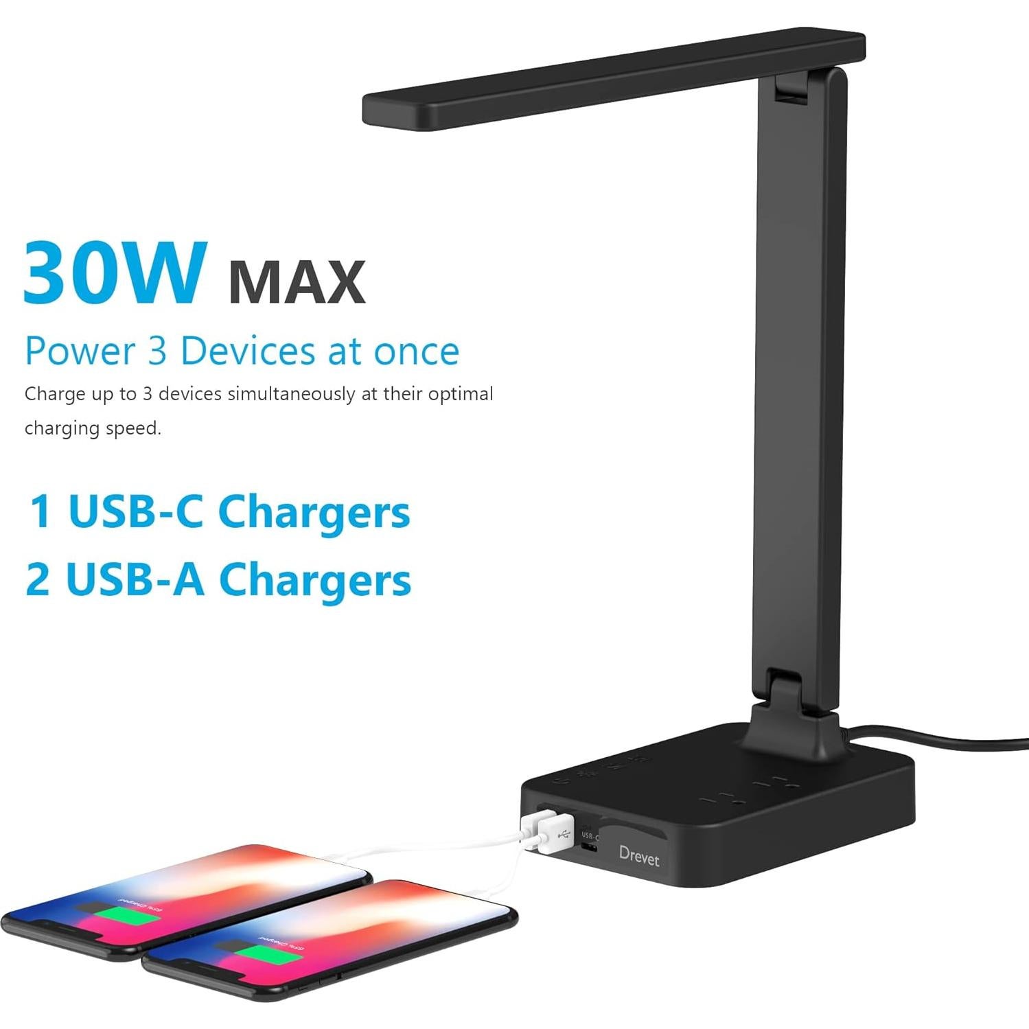 Lámpara de escritorio LED Drevet con USB-C y 3 puertos