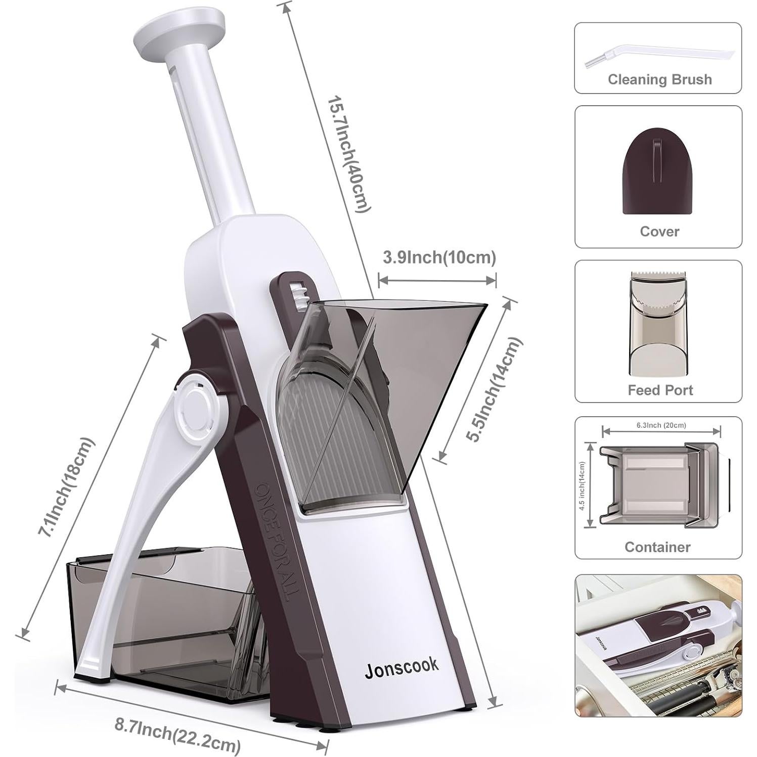 Rebanador Mandolina Jonscook 5 en 1, Grosor Ajustable 0-8 mm