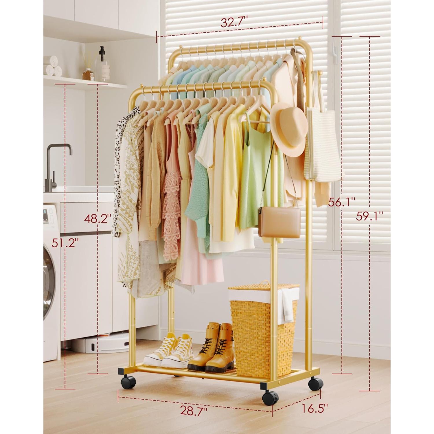 Perchero Doble Barra Sakugi con Estante y Ruedas Dorado 73x42x150 cm