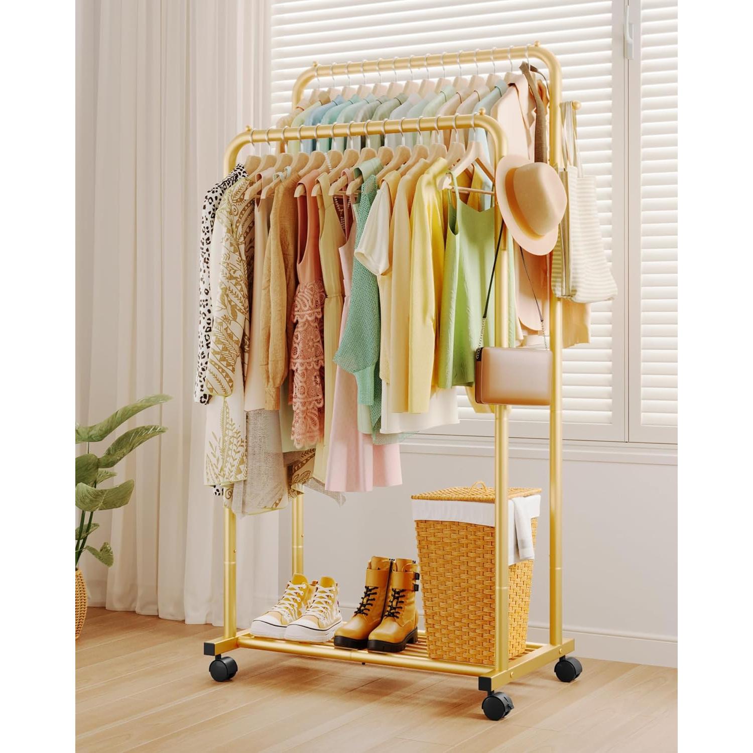 Perchero Doble Barra Sakugi con Estante y Ruedas Dorado 73x42x150 cm