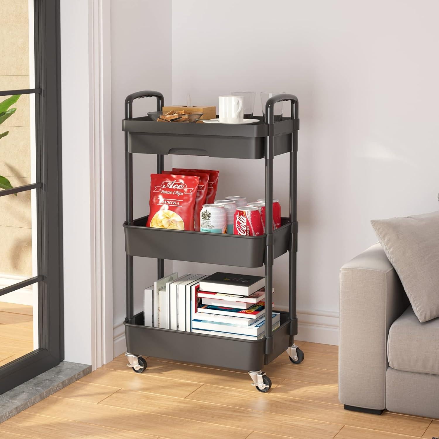 Carro de Almacenamiento Rodante Calmootey 3 Niveles Negro