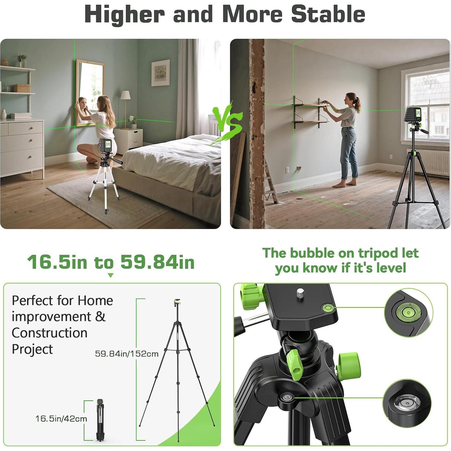 Nivel láser autocompensado Huepar BOX-1GTA 150Ft (45.72m) con trípode 60in