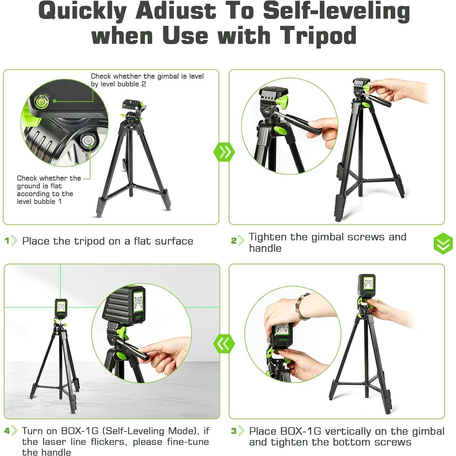 Nivel láser autocompensado Huepar BOX-1GTA 150Ft (45.72m) con trípode 60in