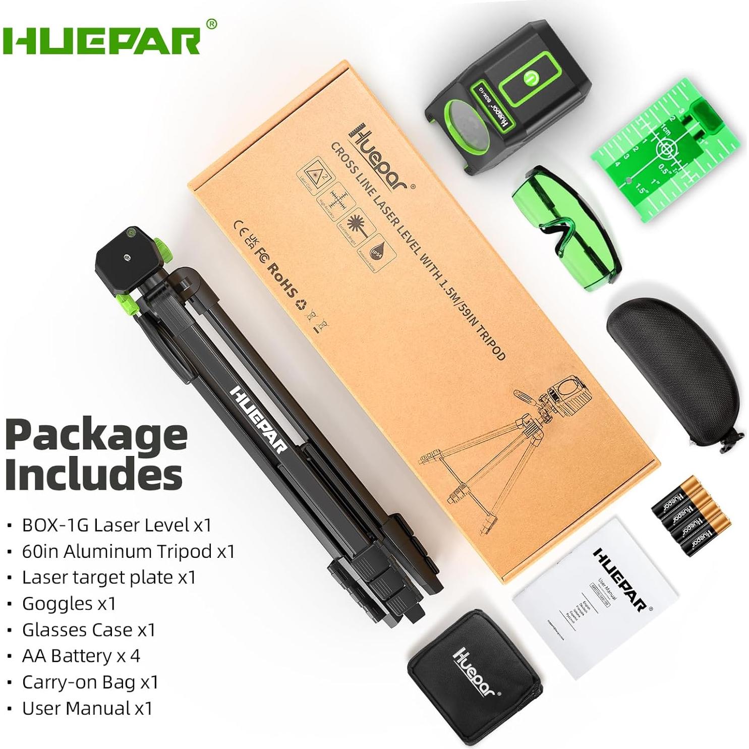 Nivel láser autocompensado Huepar BOX-1GTA 150Ft (45.72m) con trípode 60in