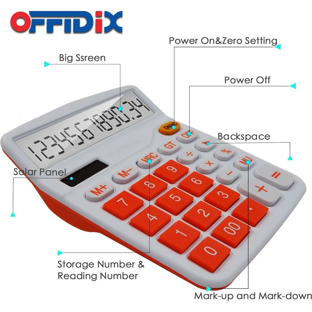 Calculadora OFFIDIX Electrónica Solar 12 Dígitos Naranja