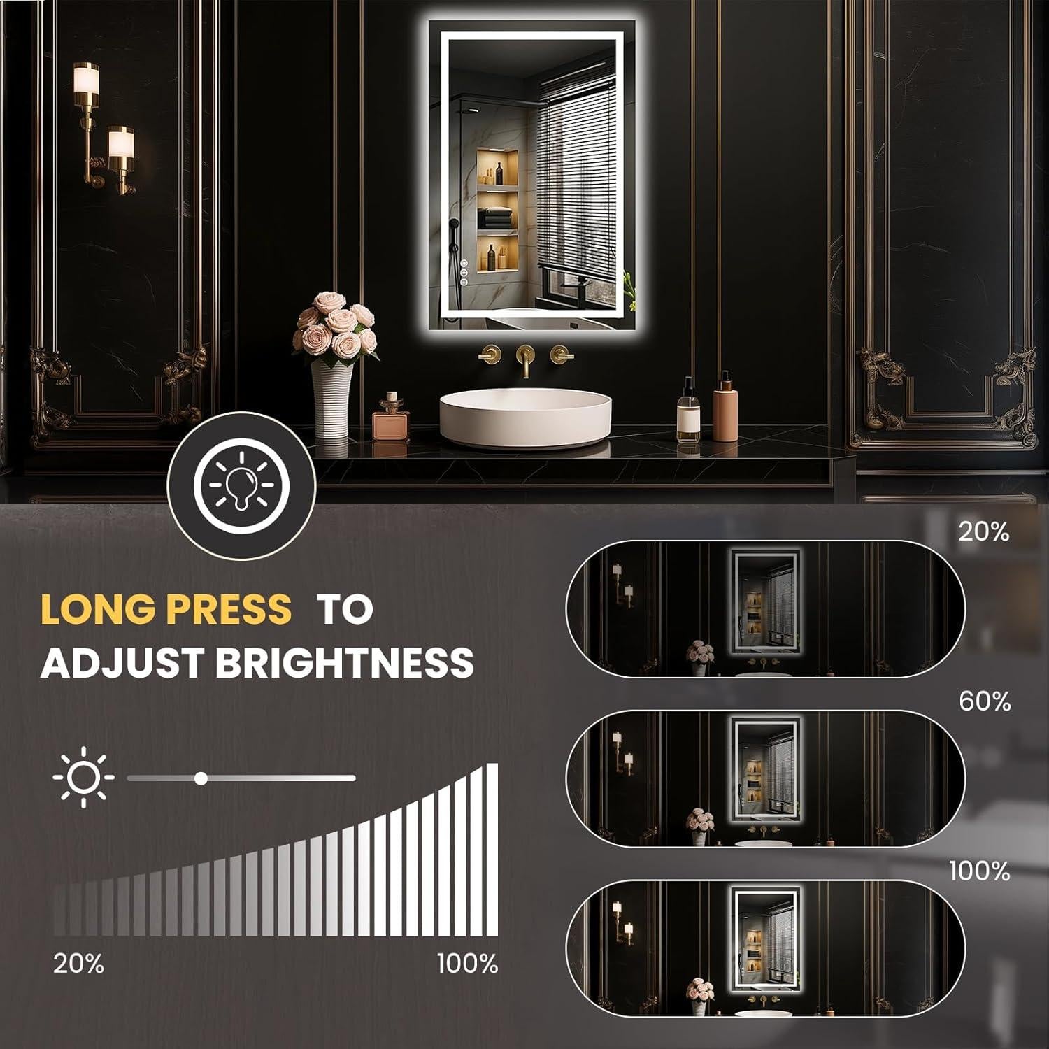 Espejo LED 50.8x76.2 cm LOAAO para Baño, Anti-Niebla, Regulable