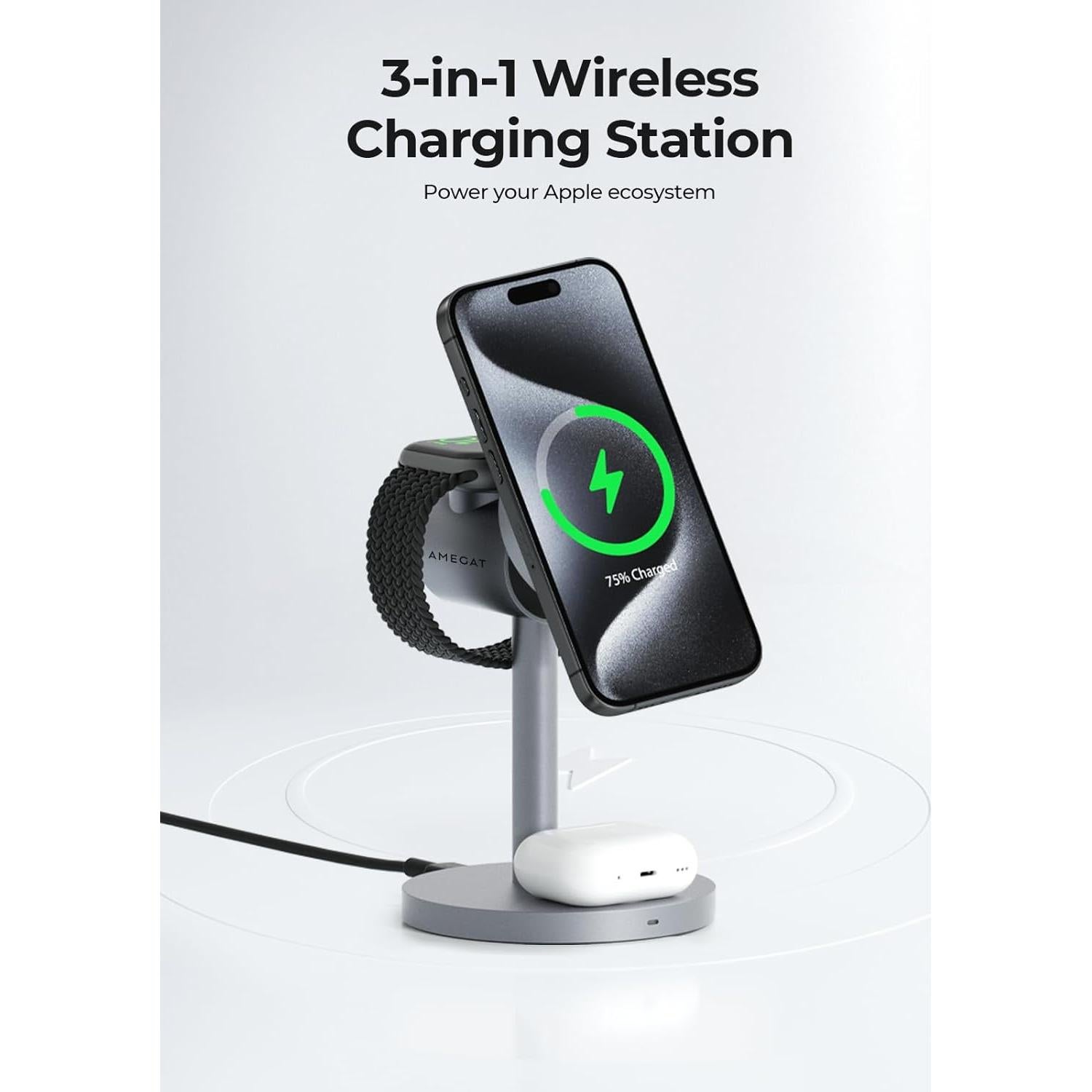 Cargador Inalámbrico 3-en-1 AMEGAT MagFusion 15W para iPhone, Apple Watch y AirPods