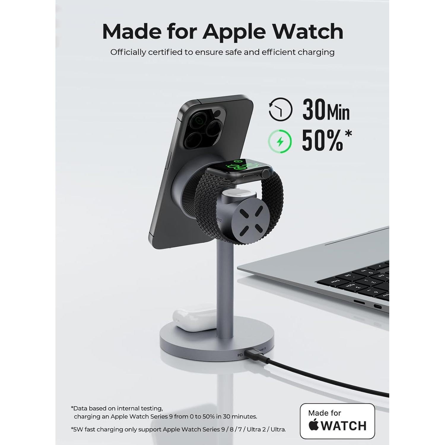 Cargador Inalámbrico 3-en-1 AMEGAT MagFusion 15W para iPhone, Apple Watch y AirPods