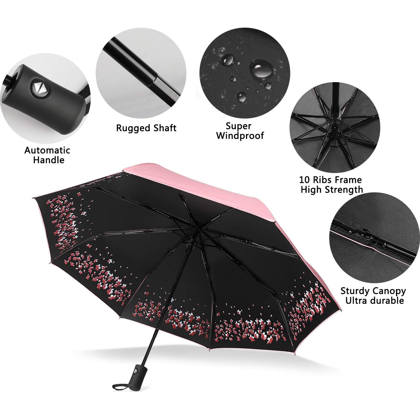 Paraguas Plegable Sakura Rosa - A Prueba de Viento y Lluvia