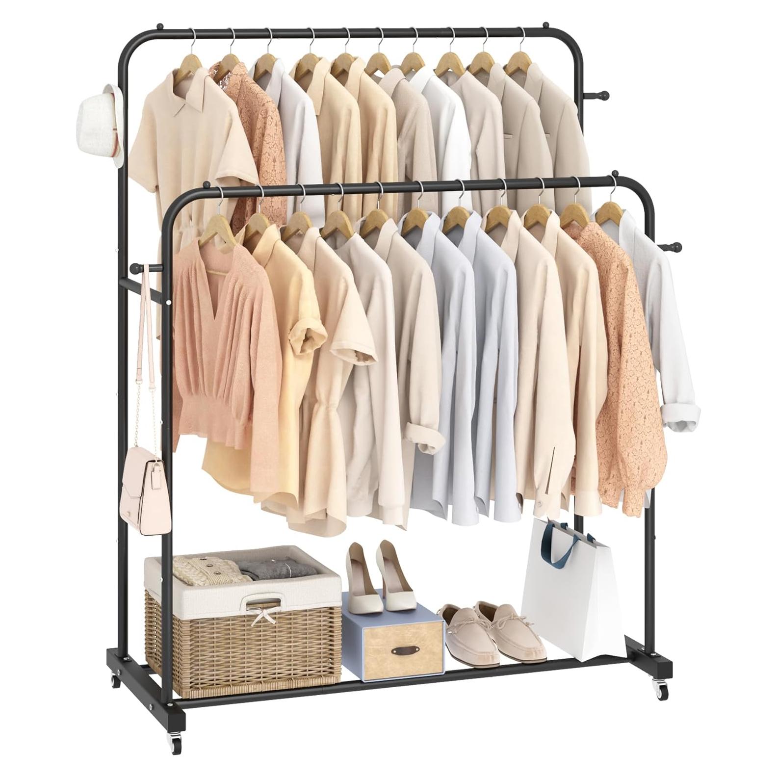 Rack de Ropa Doble Barra Laiensia Negro con Ruedas y 4 Ganchos