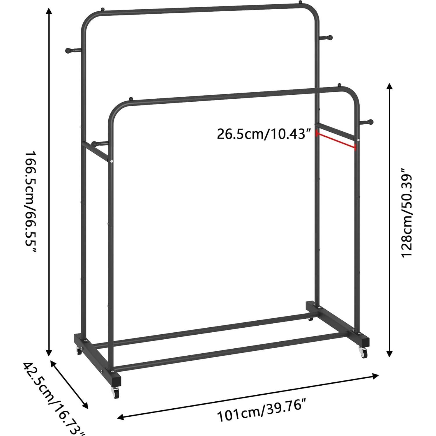 Rack de Ropa Doble Barra Laiensia Negro con Ruedas y 4 Ganchos