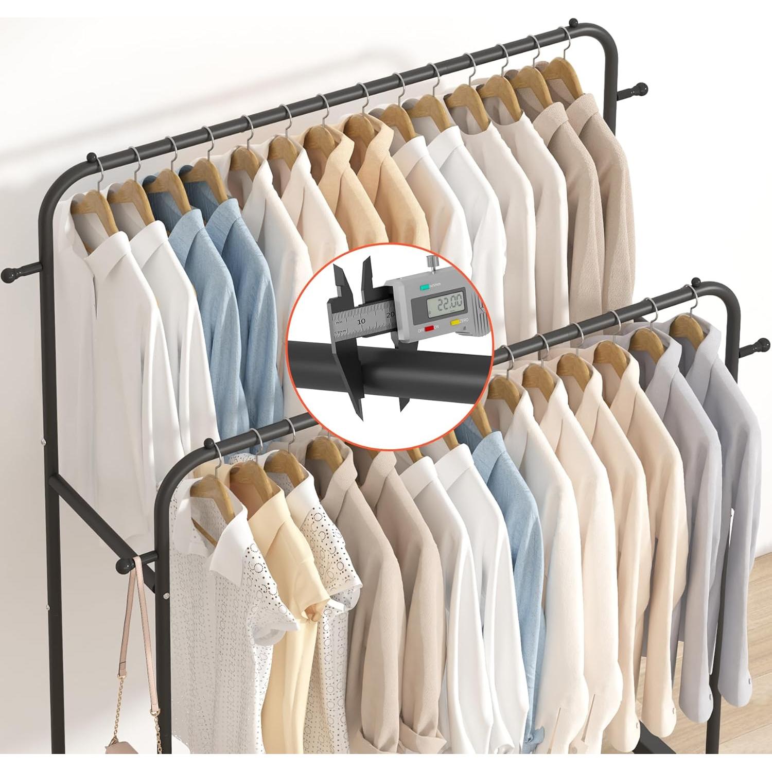 Rack de Ropa Doble Barra Laiensia Negro con Ruedas y 4 Ganchos