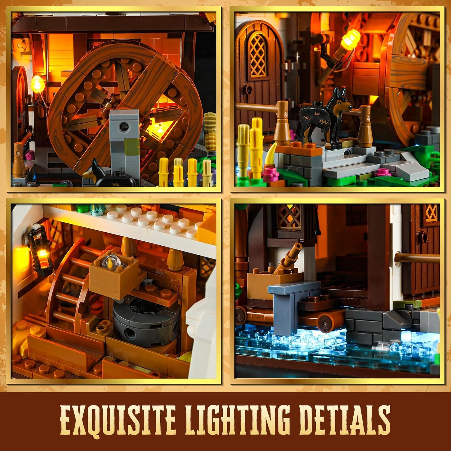 FUNWHOLE Molino de Agua Medieval 1278 Pcs con Luz LED