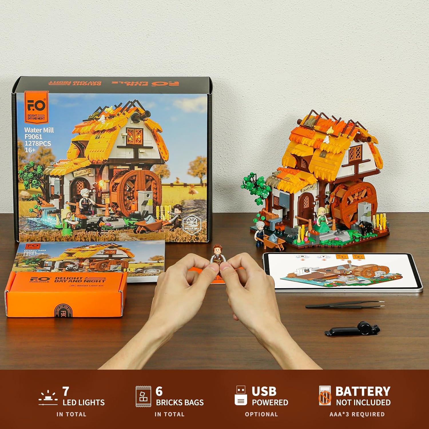 FUNWHOLE Molino de Agua Medieval 1278 Pcs con Luz LED