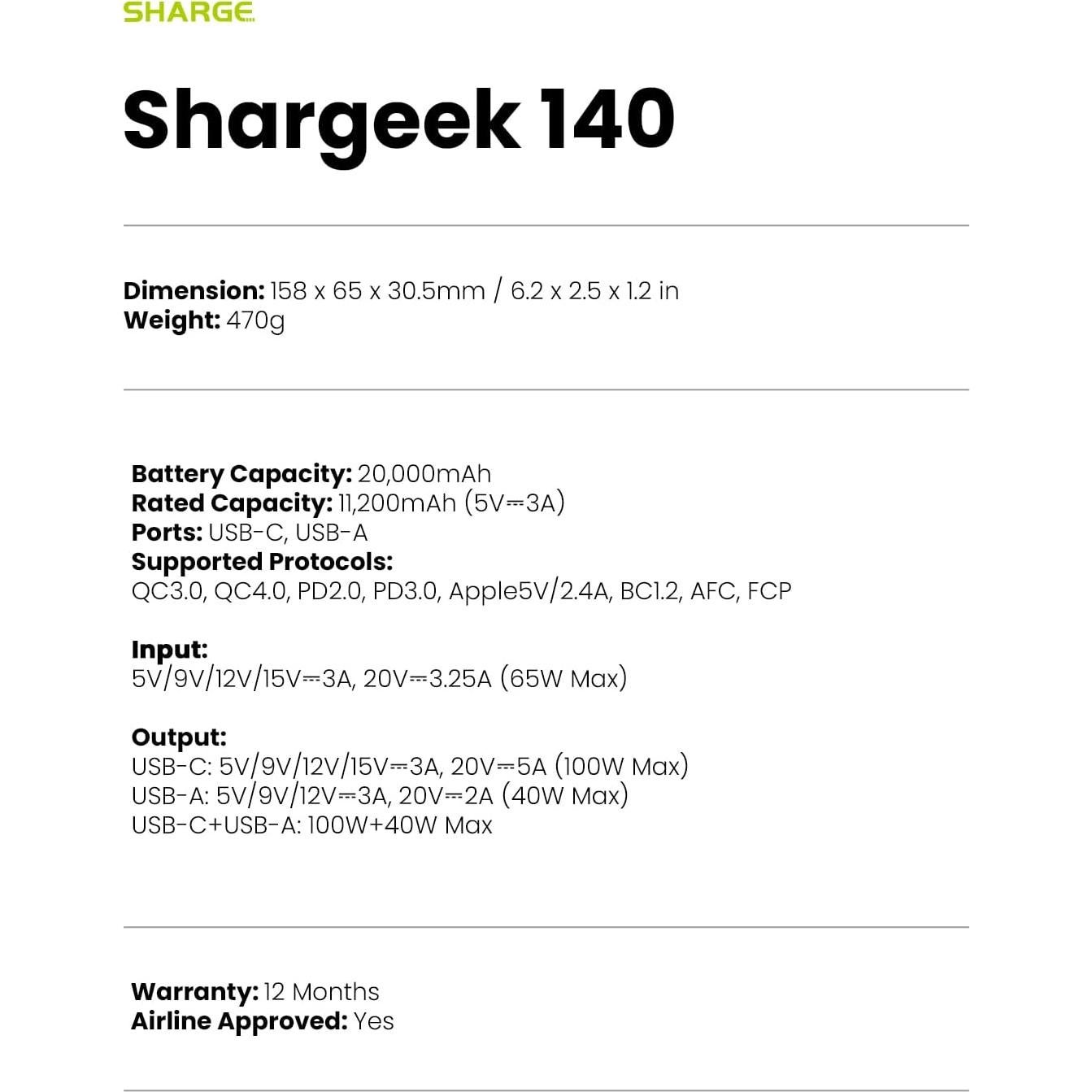 Banco de Energía Shargeek 140W 20000mAh Cargador Portátil