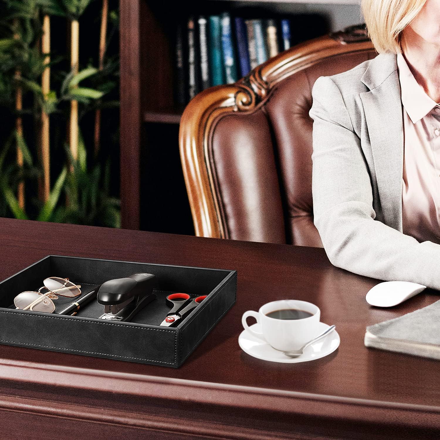 Bandeja Organizador de Escritorio SITHON de Cuero PU Negra