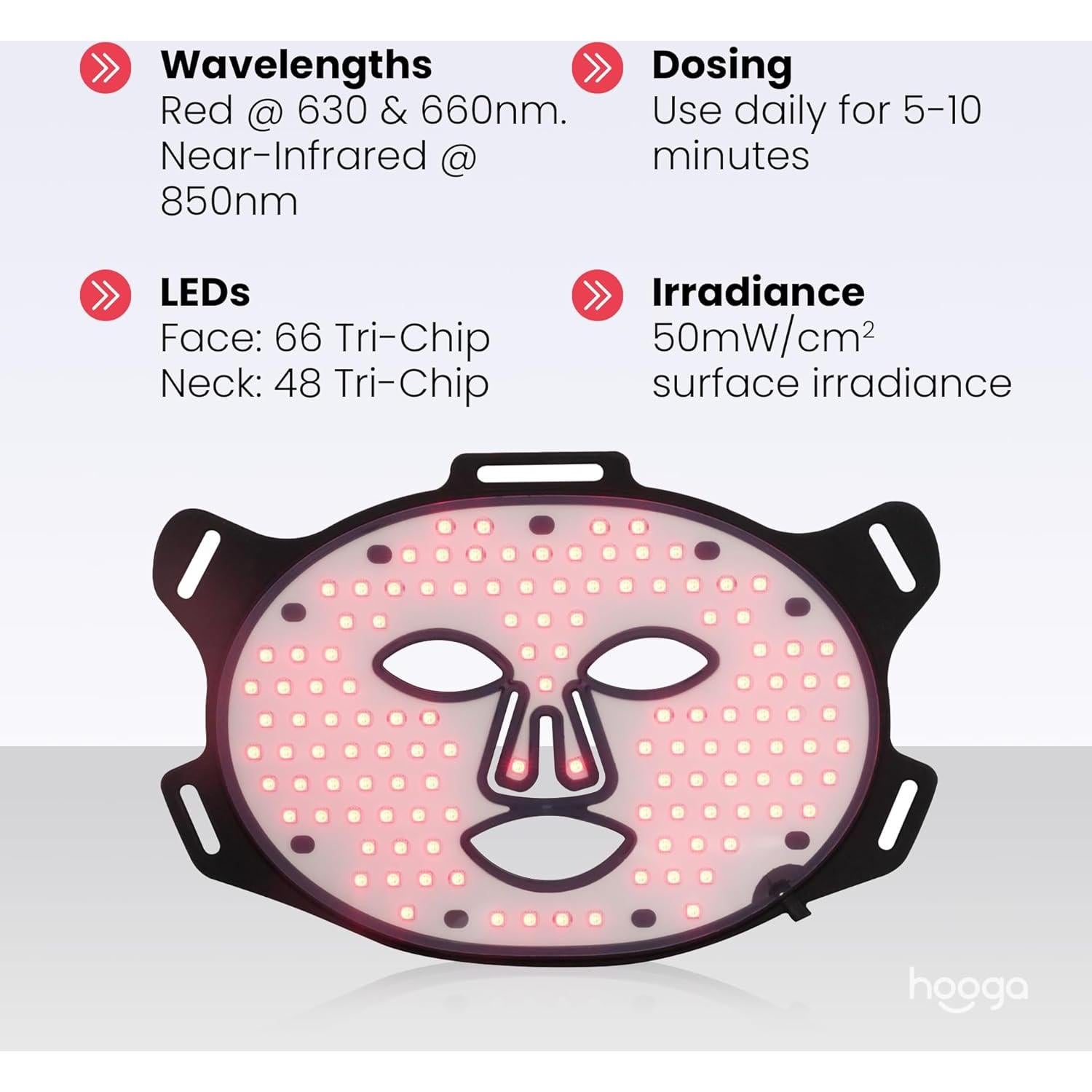 Máscara de Terapia de Luz Roja LED Hooga Combo Cara/Cuello