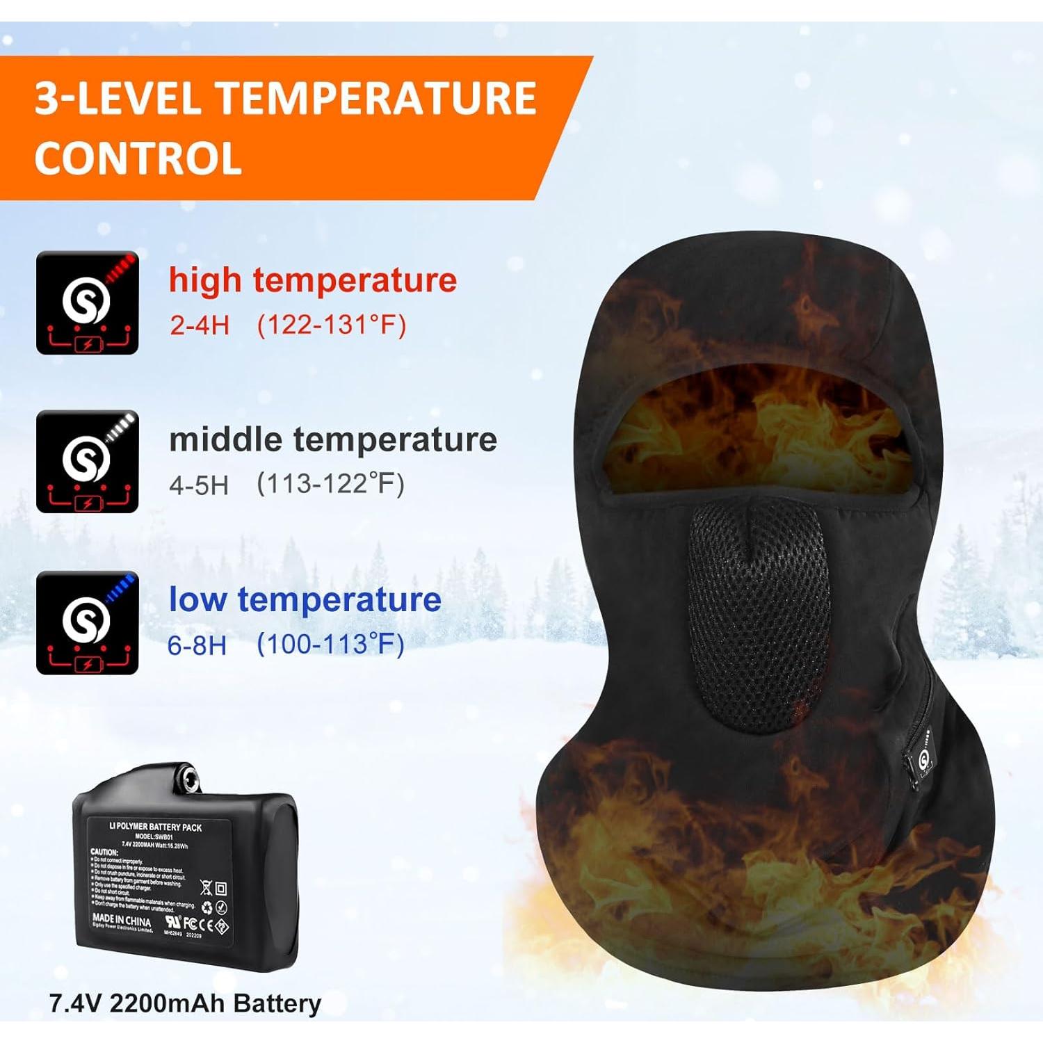 Pasamontañas Calentado Unisex Negro con Batería Recargable