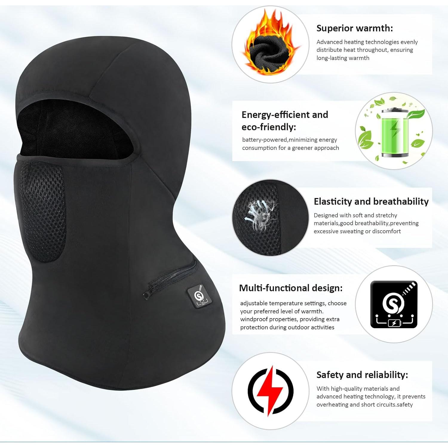 Pasamontañas Calentado Unisex Negro con Batería Recargable