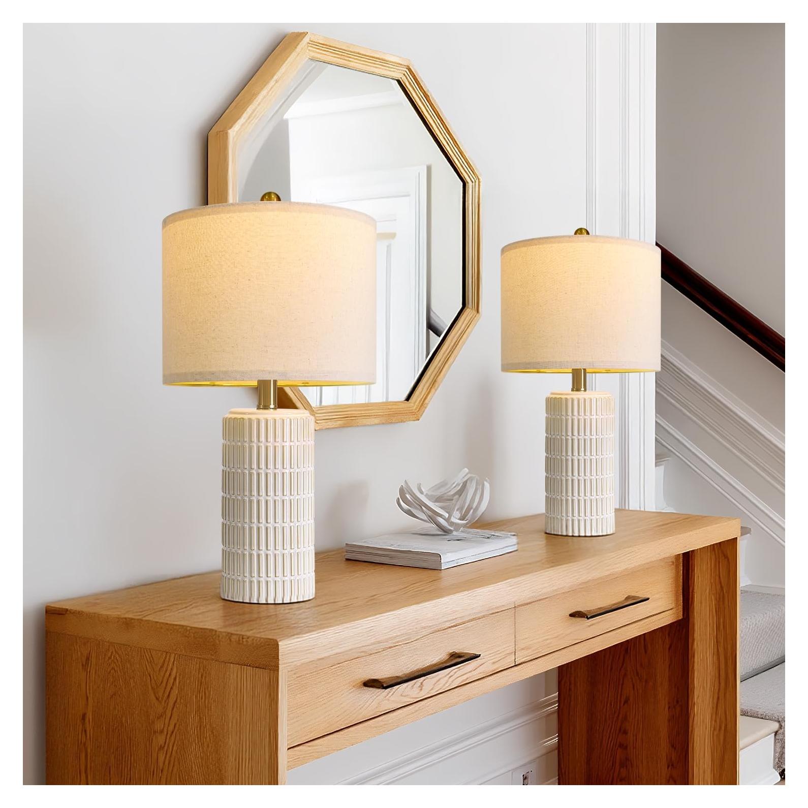 Juego de 2 Lámparas de Mesa Cerámica PoKat 20" Beige y Blanco