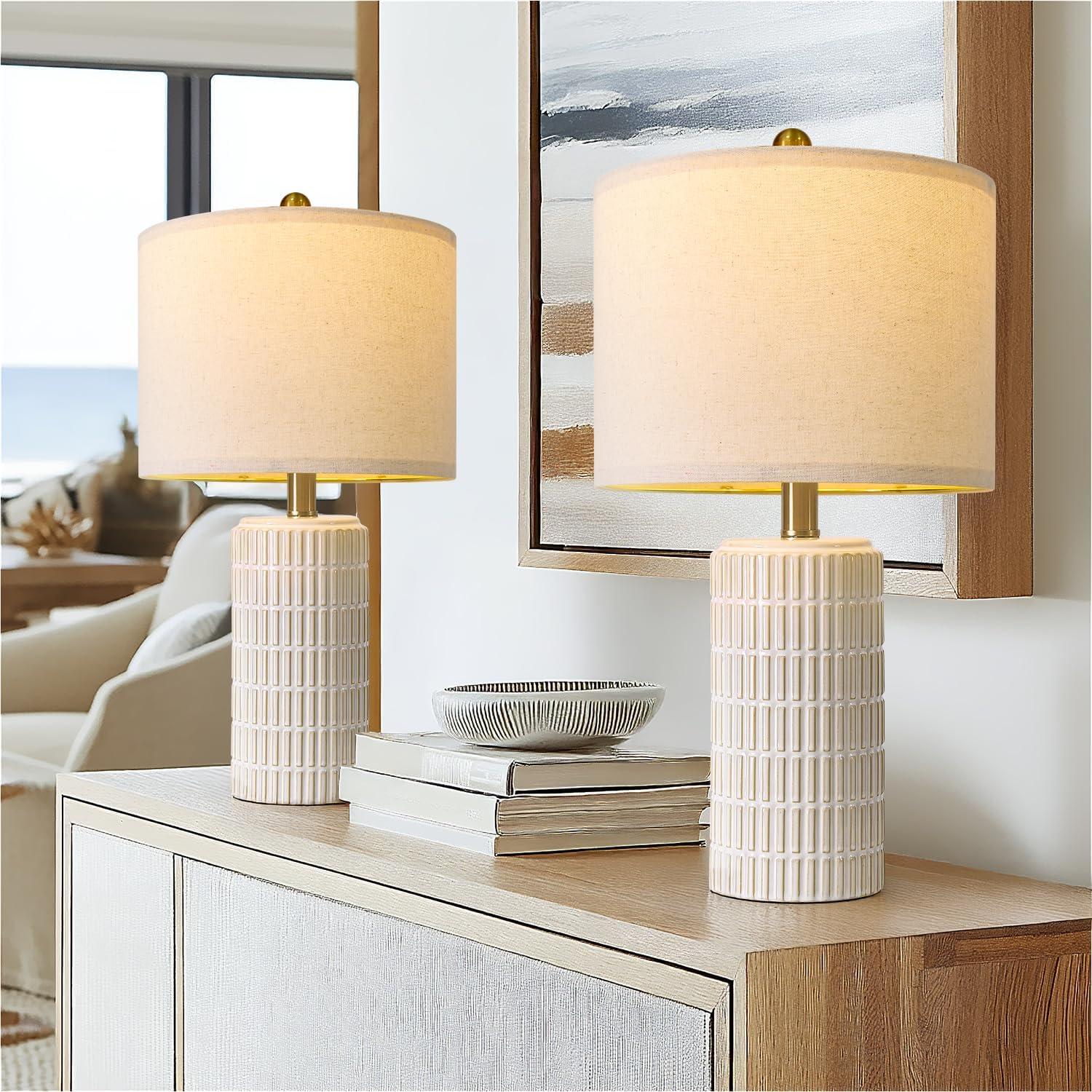 Juego de 2 Lámparas de Mesa Cerámica PoKat 20" Beige y Blanco