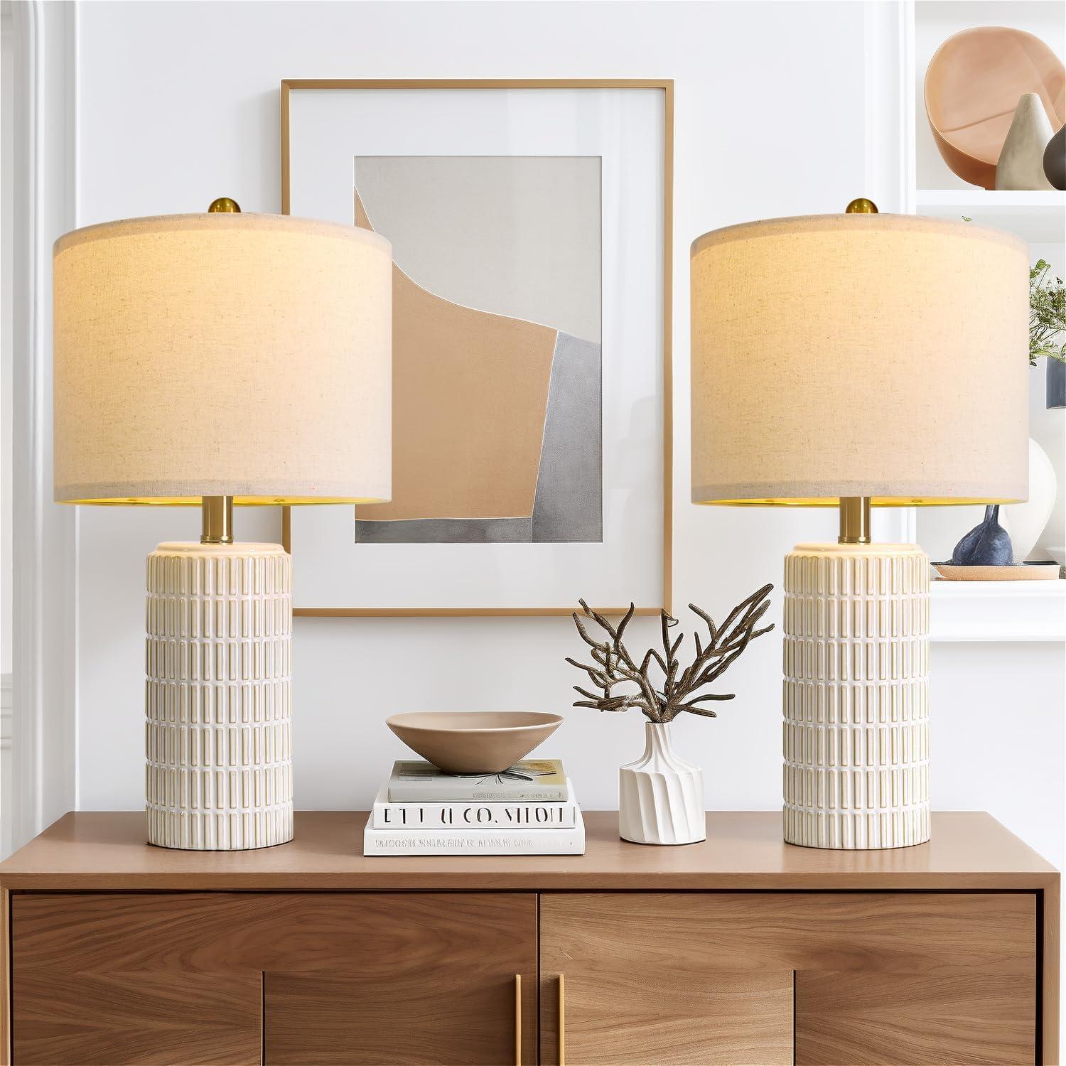 Juego de 2 Lámparas de Mesa Cerámica PoKat 20" Beige y Blanco