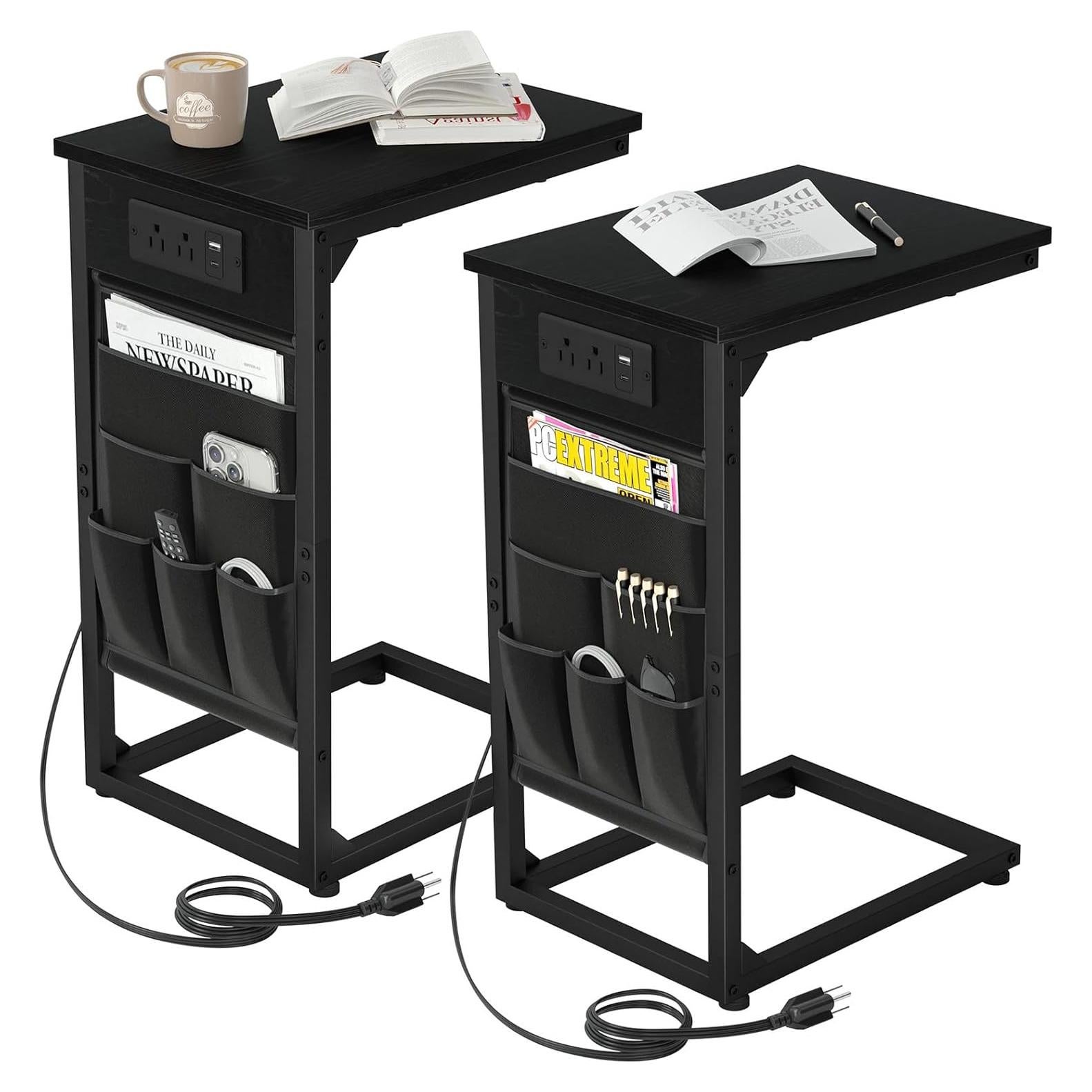 AMHANCIBLE C Shaped End Table with Charging Station, TV Tray Set of 2, Couch Tables with Storage Bag, Slide Under Sofa Side Table with USB Ports and Outlets for Living Room, Black, HET04CBK